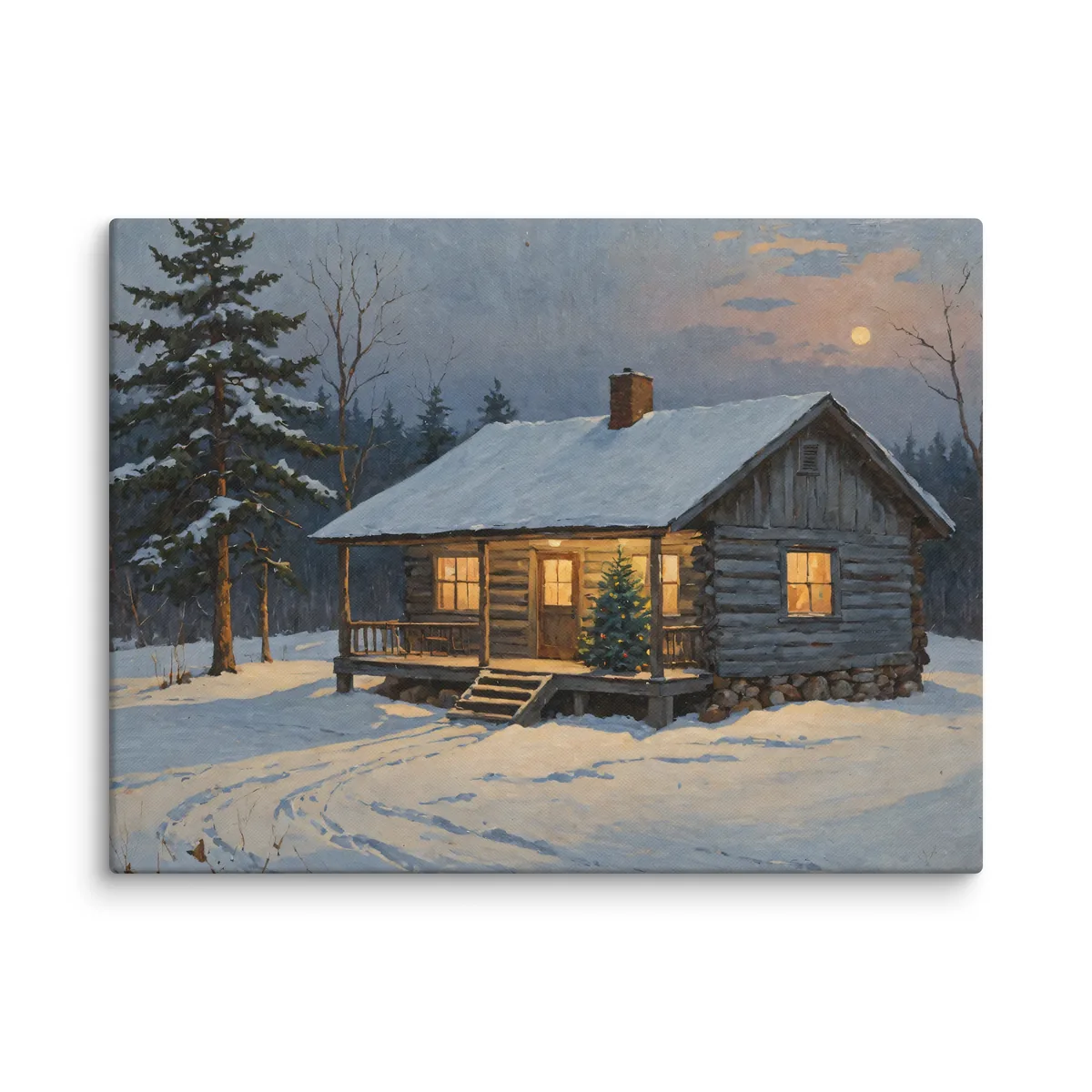 Christmas Tree on the Camp Porch as an 18 by 24 inch canvas: a snowy Adirondack log camp at dusk with a lit Christmas tree on the porch, in a traditional oil-painting style.