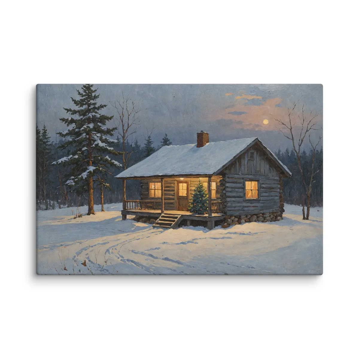 Christmas Tree on the Camp Porch as a 24 by 36 inch canvas: a snowy Adirondack log camp at dusk with a lit Christmas tree on the porch, in a traditional oil-painting style.