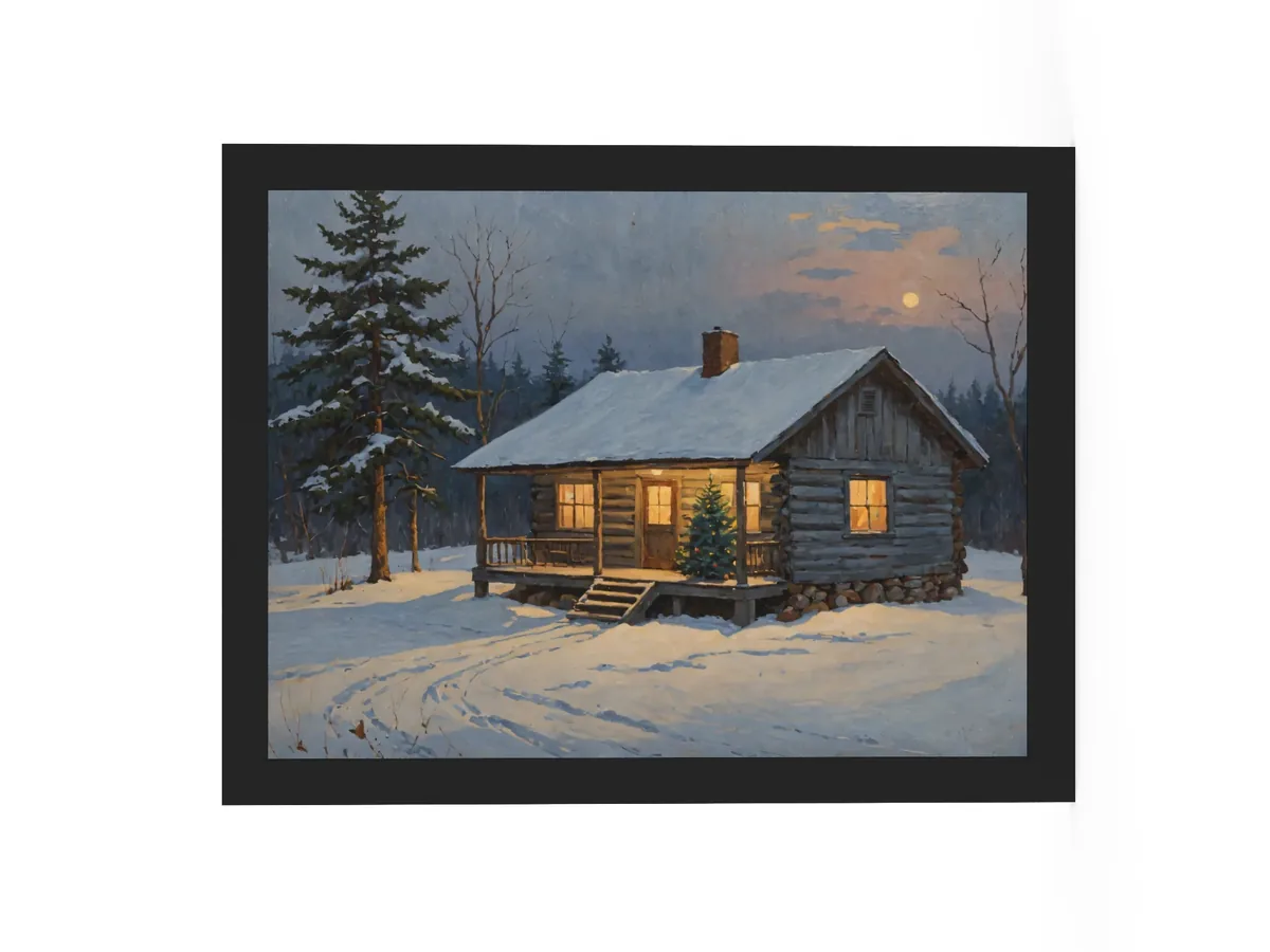 Christmas Tree on the Camp Porch as a 12 by 16 inch framed print in a black frame: a snowy Adirondack log camp at dusk with a lit Christmas tree on the porch, in a traditional oil-painting style.