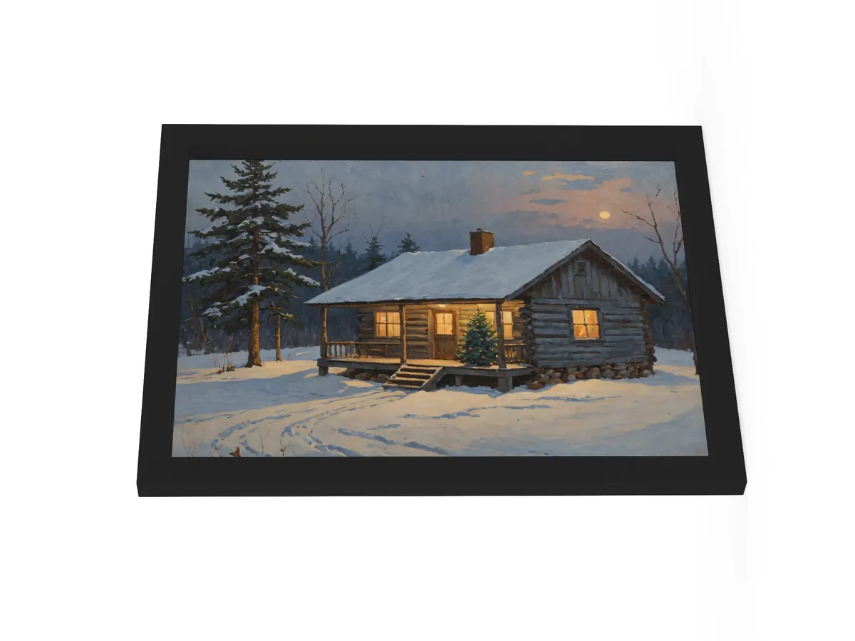 Christmas Tree on the Camp Porch as a 12 by 16 inch framed print in a black frame: a snowy Adirondack log camp at dusk with a lit Christmas tree on the porch, in a traditional oil-painting style.