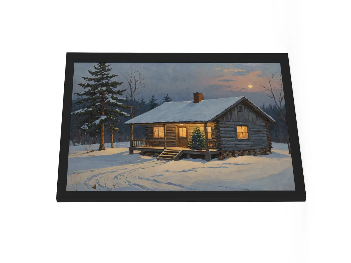 Christmas Tree on the Camp Porch as an 18 by 24 inch framed print in a black frame: a snowy Adirondack log camp at dusk with a lit Christmas tree on the porch, in a traditional oil-painting style.