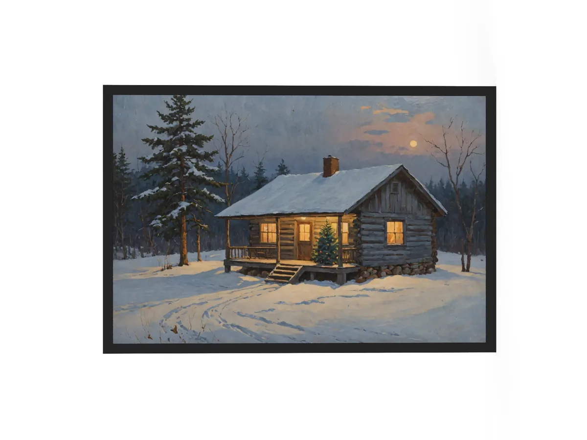 Christmas Tree on the Camp Porch as a 24 by 36 inch framed print in a black frame: a snowy Adirondack log camp at dusk with a lit Christmas tree on the porch, in a traditional oil-painting style.