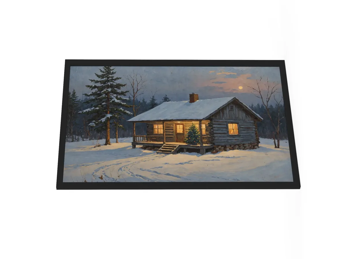 Christmas Tree on the Camp Porch as a 24 by 36 inch framed print in a black frame: a snowy Adirondack log camp at dusk with a lit Christmas tree on the porch, in a traditional oil-painting style.