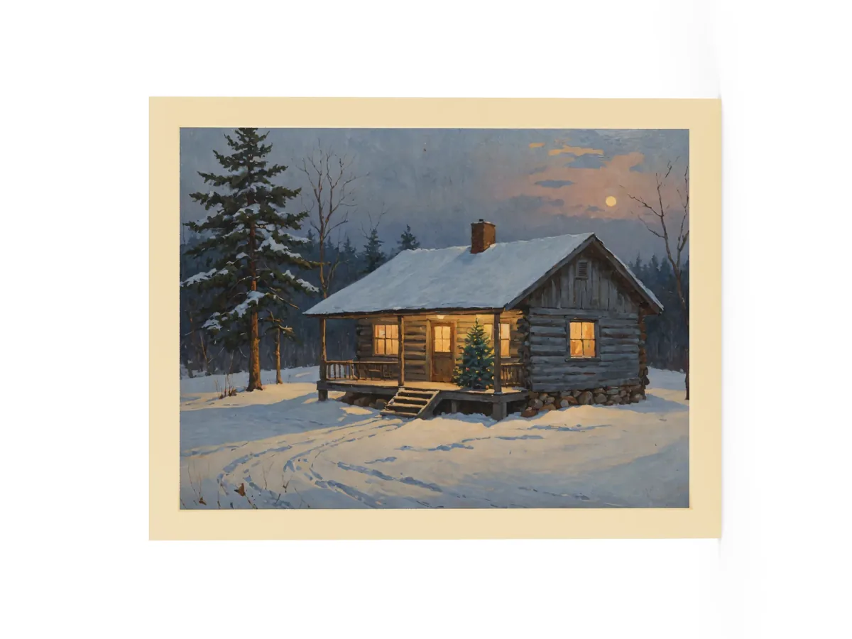 Christmas Tree on the Camp Porch as a 12 by 16 inch framed print in a natural wood frame: a snowy Adirondack log camp at dusk with a lit Christmas tree on the porch, in a traditional oil-painting style.
