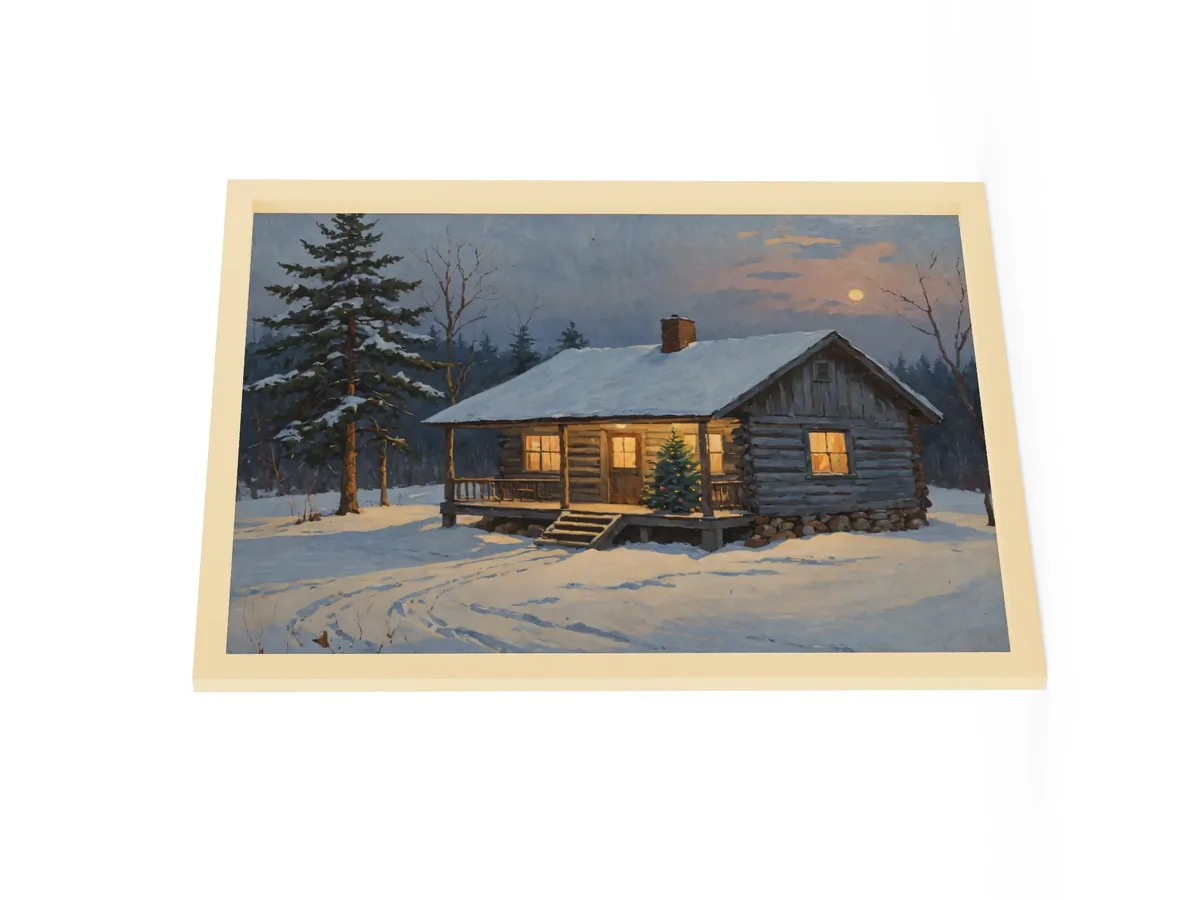 Christmas Tree on the Camp Porch as an 18 by 24 inch framed print in a natural wood frame: a snowy Adirondack log camp at dusk with a lit Christmas tree on the porch, in a traditional oil-painting style.