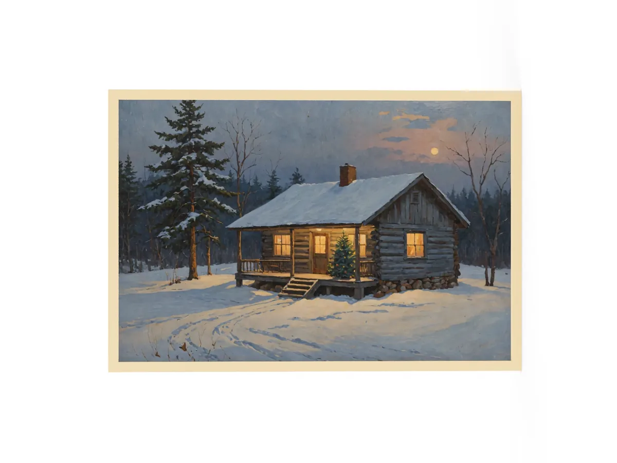 Christmas Tree on the Camp Porch as a 24 by 36 inch framed print in a natural wood frame: a snowy Adirondack log camp at dusk with a lit Christmas tree on the porch, in a traditional oil-painting style.