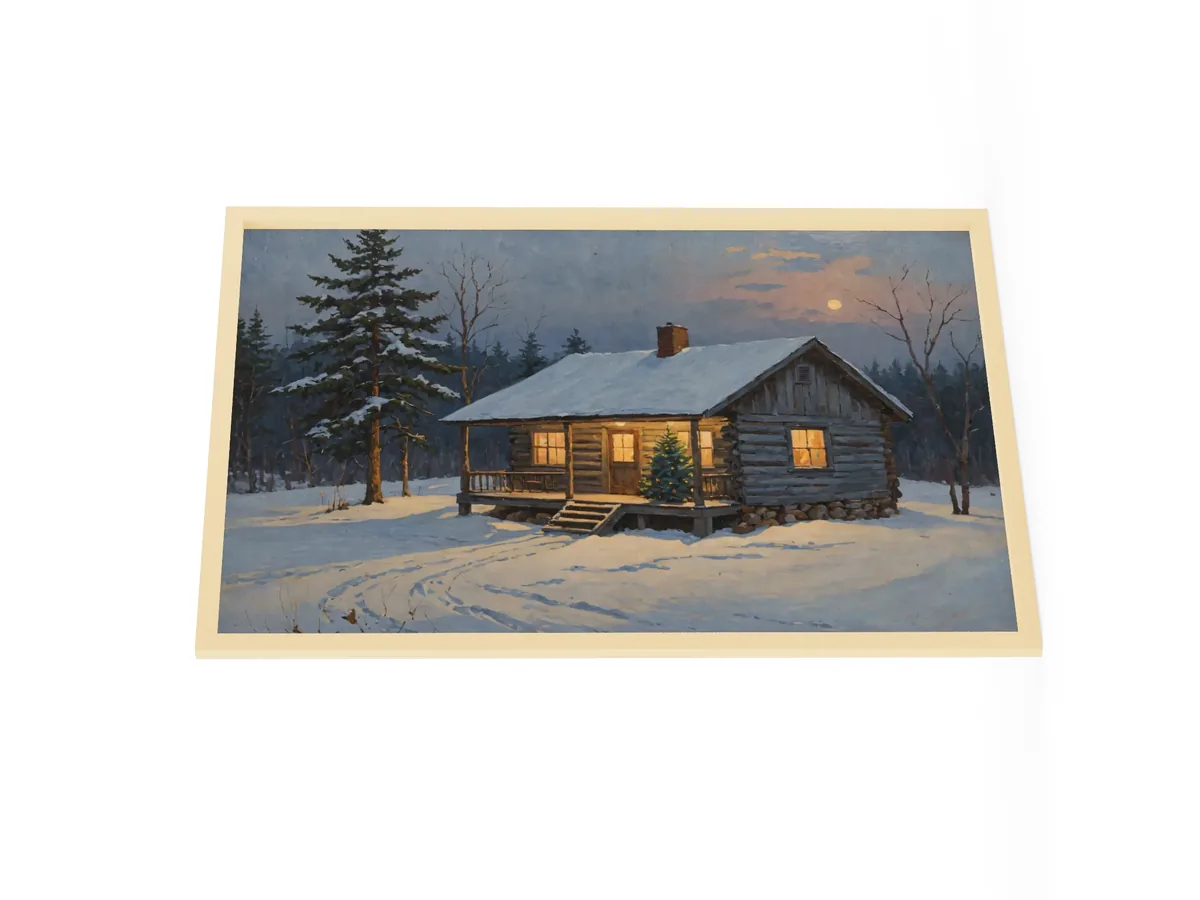 Christmas Tree on the Camp Porch as a 24 by 36 inch framed print in a natural wood frame: a snowy Adirondack log camp at dusk with a lit Christmas tree on the porch, in a traditional oil-painting style.