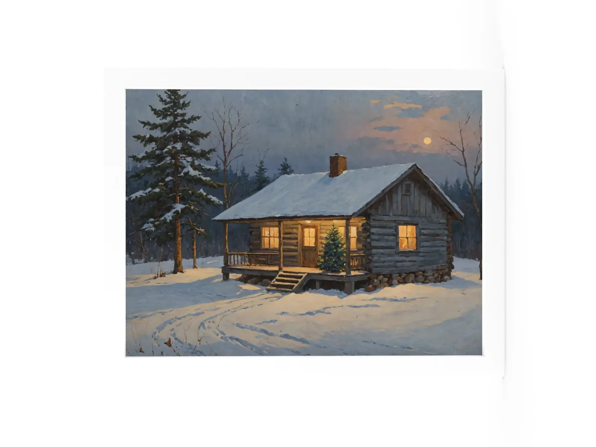 Christmas Tree on the Camp Porch as a 12 by 16 inch framed print in a white frame: a snowy Adirondack log camp at dusk with a lit Christmas tree on the porch, in a traditional oil-painting style.