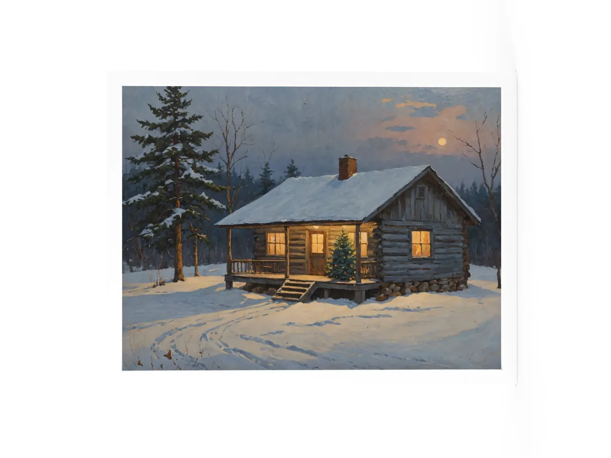 Christmas Tree on the Camp Porch as an 18 by 24 inch framed print in a white frame: a snowy Adirondack log camp at dusk with a lit Christmas tree on the porch, in a traditional oil-painting style.