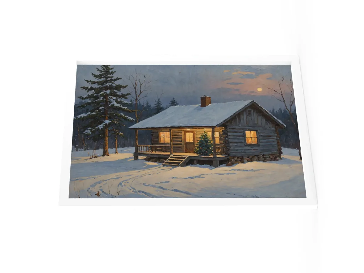Christmas Tree on the Camp Porch as an 18 by 24 inch framed print in a white frame: a snowy Adirondack log camp at dusk with a lit Christmas tree on the porch, in a traditional oil-painting style.