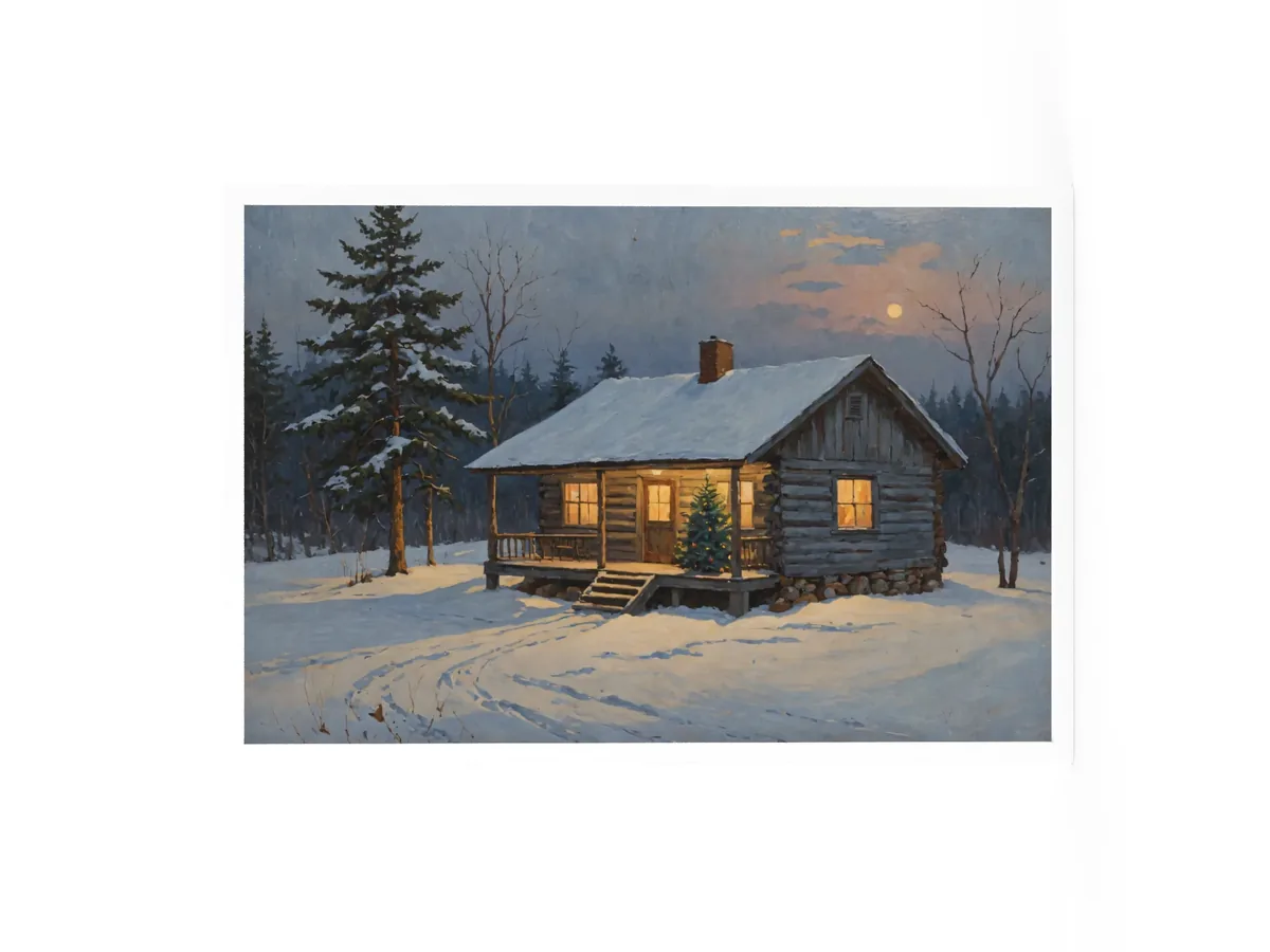 Christmas Tree on the Camp Porch as a 24 by 36 inch framed print in a white frame: a snowy Adirondack log camp at dusk with a lit Christmas tree on the porch, in a traditional oil-painting style.