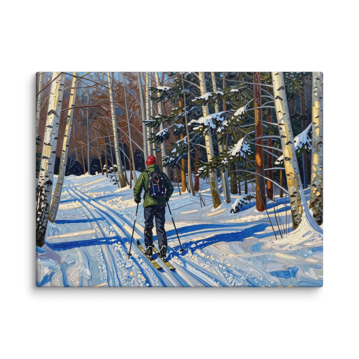 Cross-Country Skiing Through the Birches as a 12 by 16 inch canvas: a cross-country skier on a snowy trail through white birches on a bright winter morning, in bold oil-painting brushstrokes.