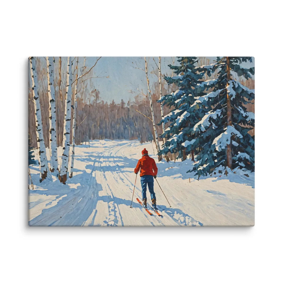 Cross-Country Skiing Through the Birches as a 12 by 16 inch canvas: a skier in a red jacket and hat glides along a ski track through white birches and snow-covered spruce on a bright winter morning, with long blue shadows across the snow, in soft, traditional oil brushwork.