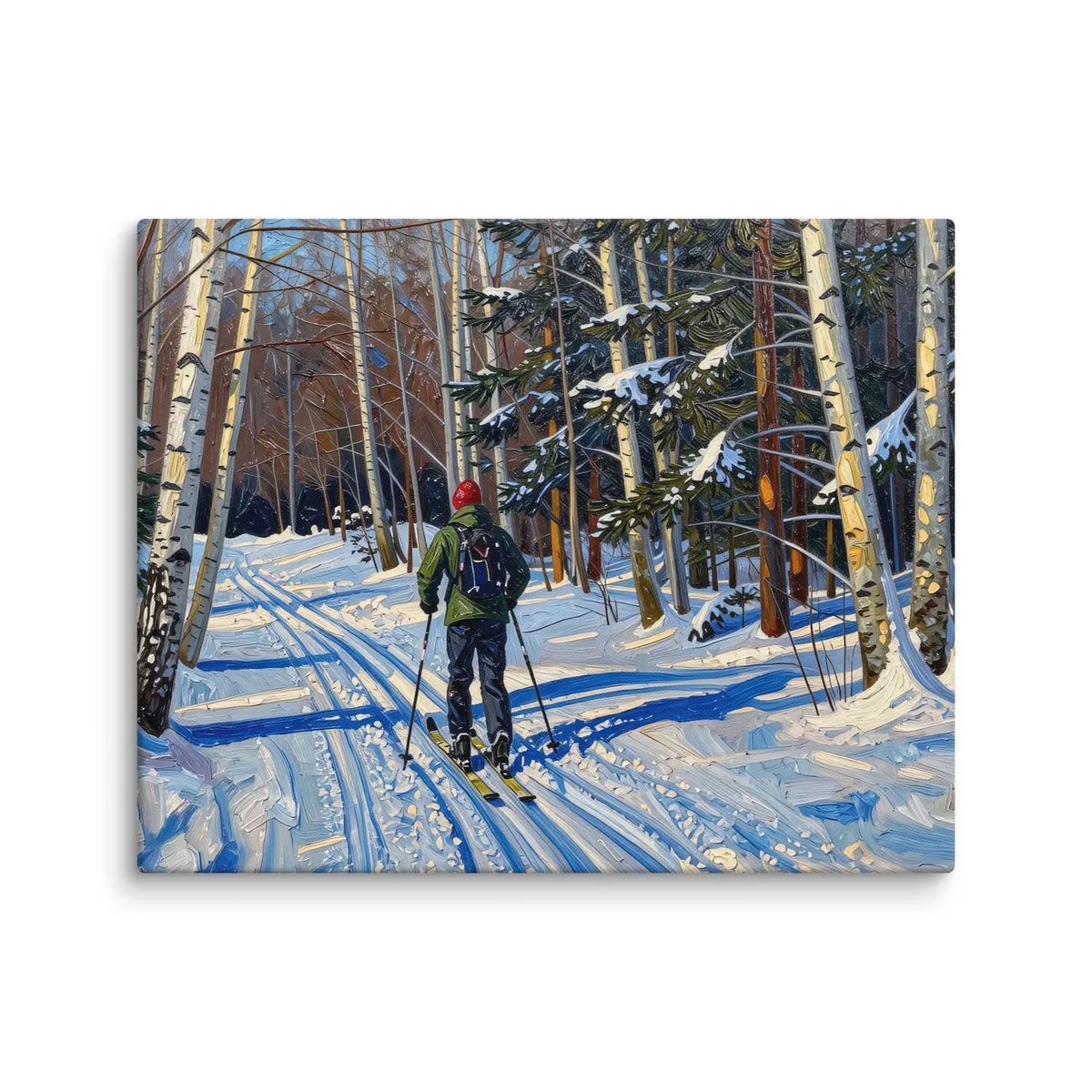 Cross-Country Skiing Through the Birches as a 16 by 20 inch canvas: a cross-country skier on a snowy trail through white birches on a bright winter morning, in bold oil-painting brushstrokes.