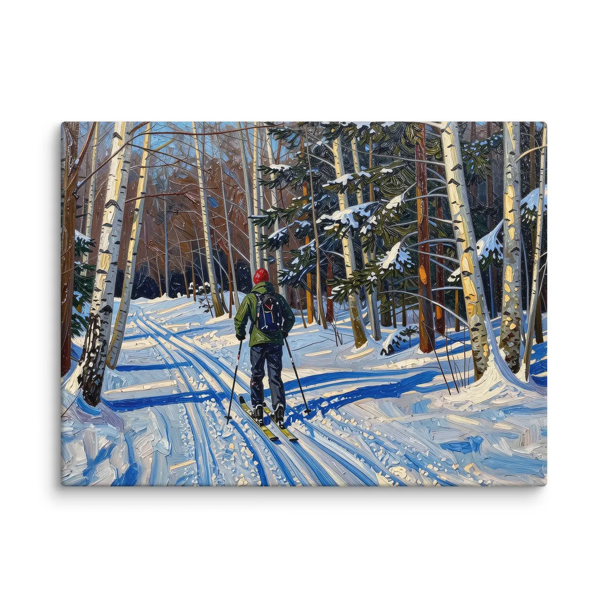 Cross-Country Skiing Through the Birches as an 18 by 24 inch canvas: a cross-country skier on a snowy trail through white birches on a bright winter morning, in bold oil-painting brushstrokes.