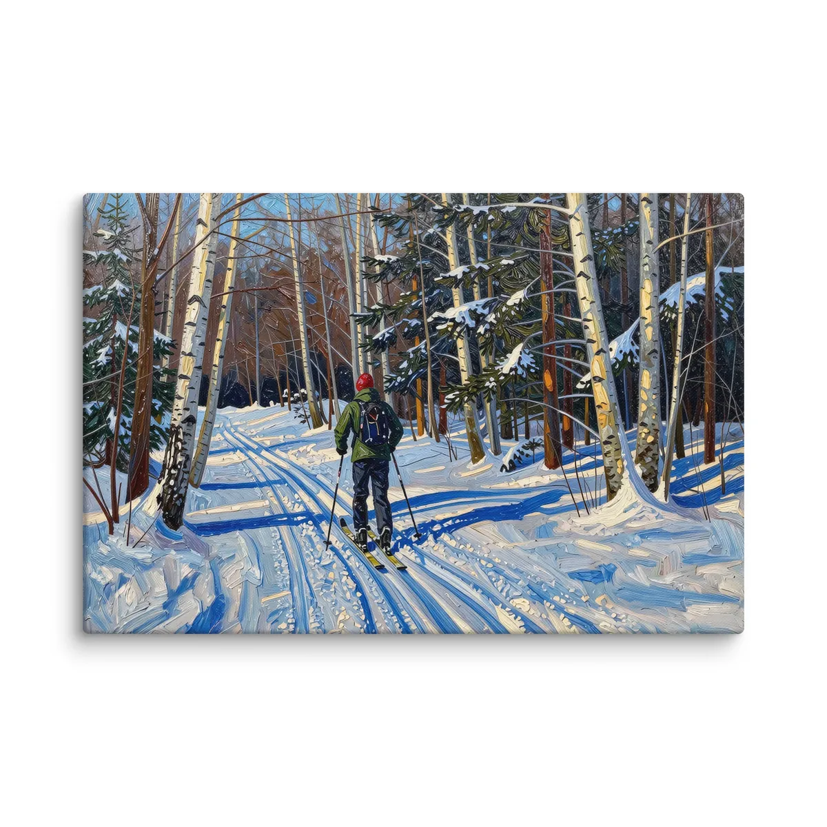 Cross-Country Skiing Through the Birches as a 24 by 36 inch canvas: a cross-country skier on a snowy trail through white birches on a bright winter morning, in bold oil-painting brushstrokes.