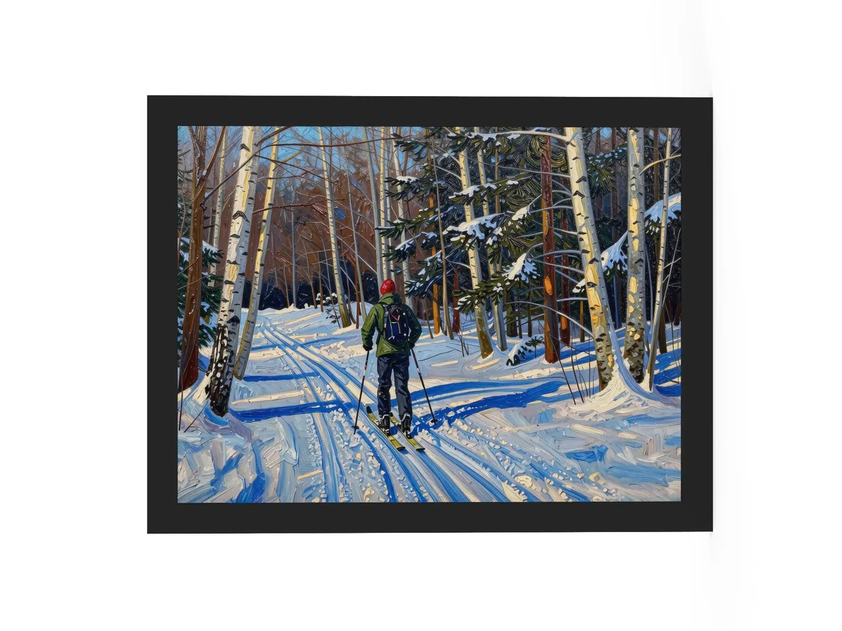 Cross-Country Skiing Through the Birches as a 12 by 16 inch framed print in a black frame: a cross-country skier on a snowy trail through white birches on a bright winter morning, in bold oil-painting brushstrokes.