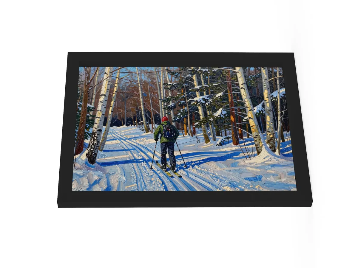 Cross-Country Skiing Through the Birches as a 12 by 16 inch framed print in a black frame: a cross-country skier on a snowy trail through white birches on a bright winter morning, in bold oil-painting brushstrokes.