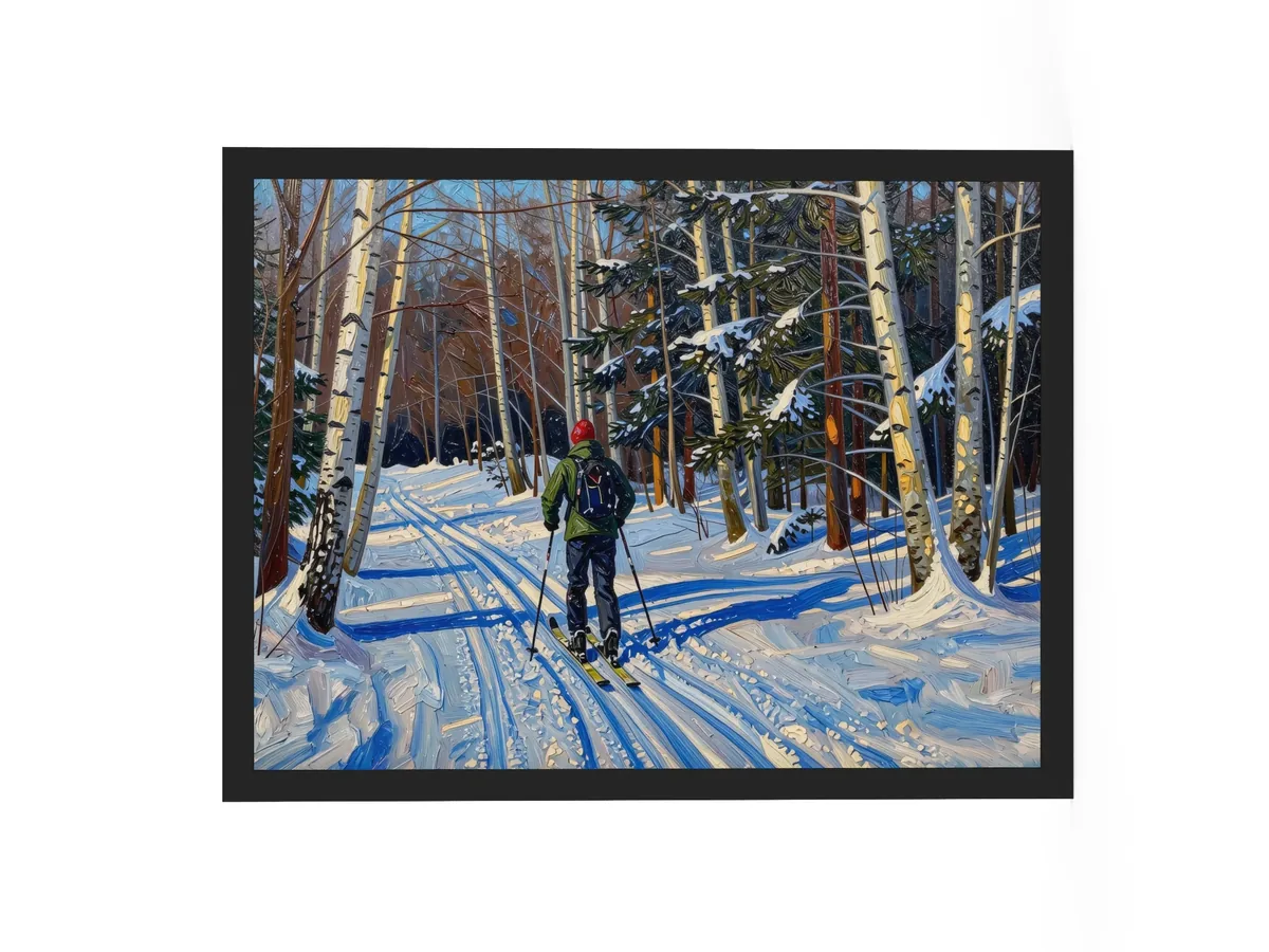 Cross-Country Skiing Through the Birches as an 18 by 24 inch framed print in a black frame: a cross-country skier on a snowy trail through white birches on a bright winter morning, in bold oil-painting brushstrokes.