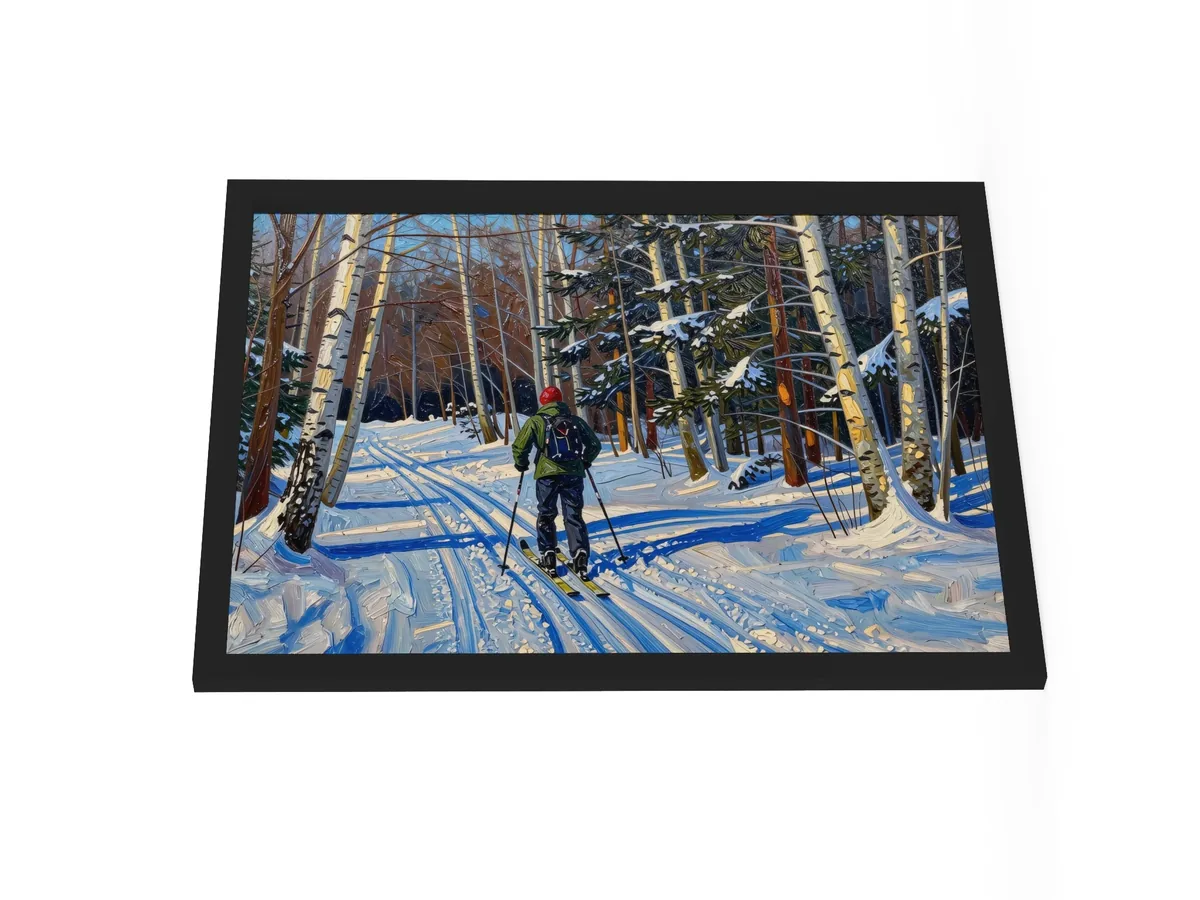 Cross-Country Skiing Through the Birches as an 18 by 24 inch framed print in a black frame: a cross-country skier on a snowy trail through white birches on a bright winter morning, in bold oil-painting brushstrokes.