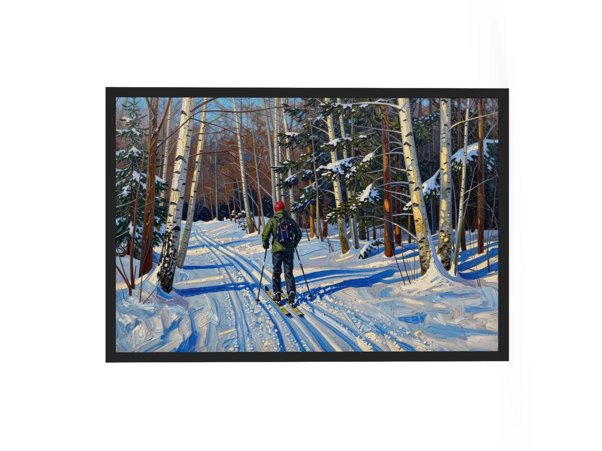 Cross-Country Skiing Through the Birches as a 24 by 36 inch framed print in a black frame: a cross-country skier on a snowy trail through white birches on a bright winter morning, in bold oil-painting brushstrokes.