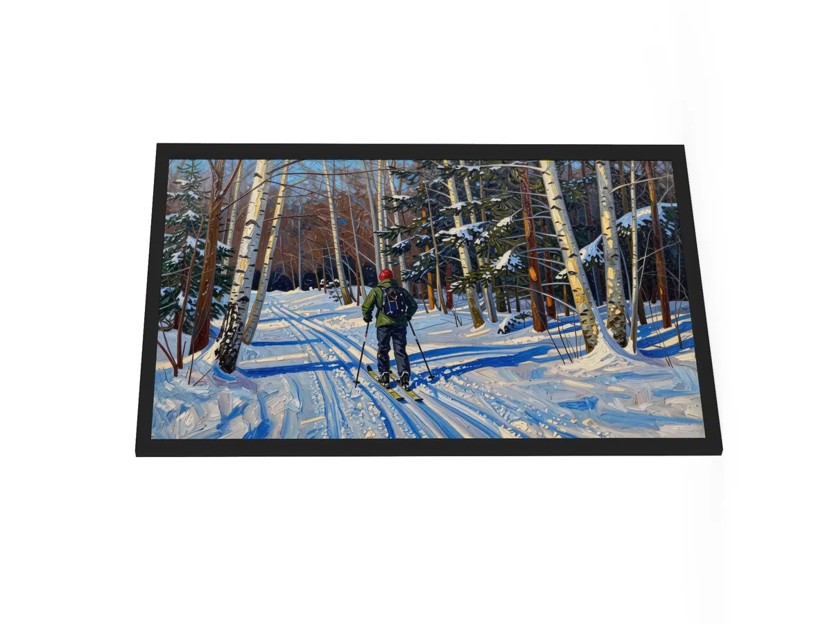 Cross-Country Skiing Through the Birches as a 24 by 36 inch framed print in a black frame: a cross-country skier on a snowy trail through white birches on a bright winter morning, in bold oil-painting brushstrokes.