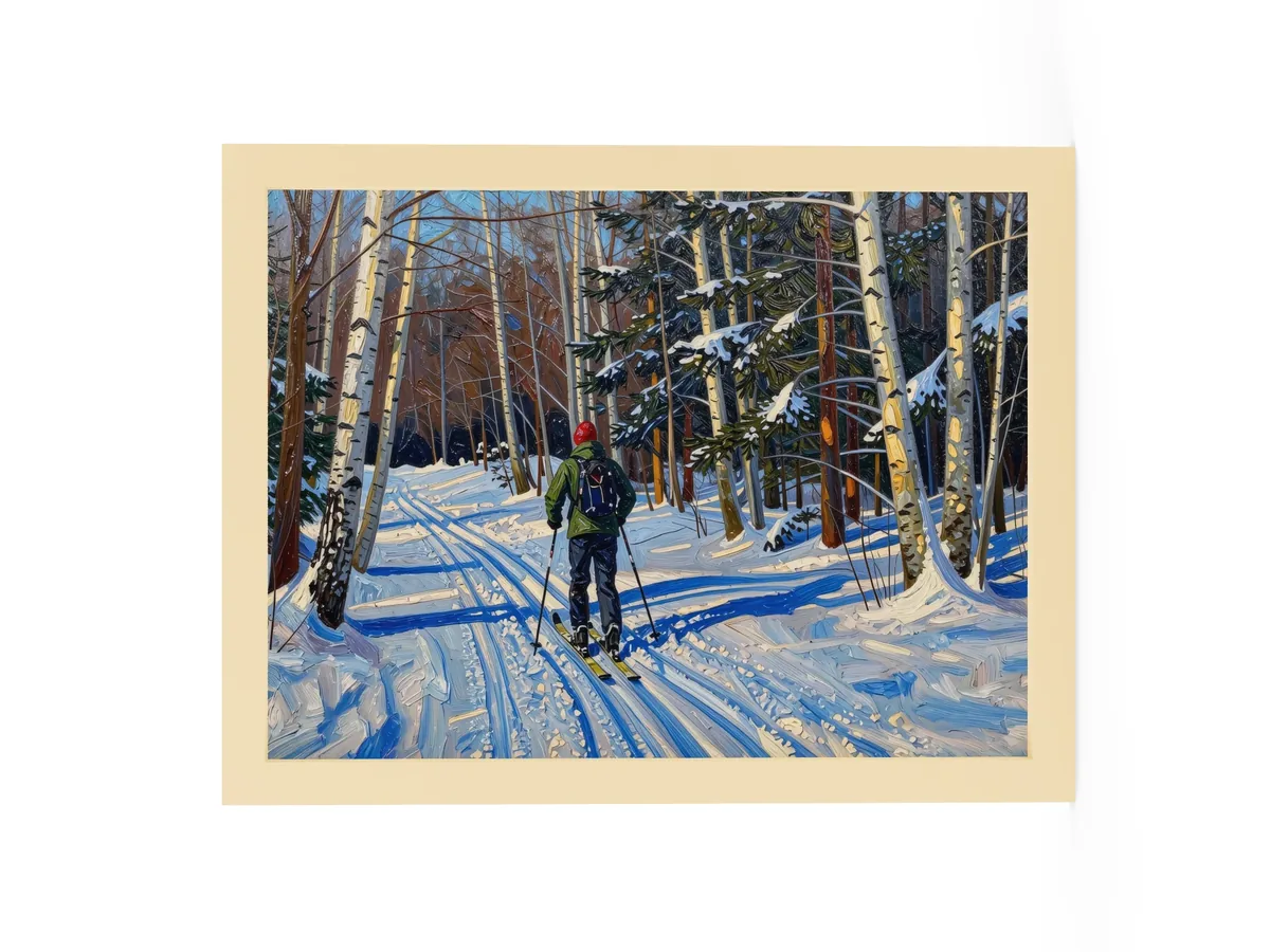 Cross-Country Skiing Through the Birches as a 12 by 16 inch framed print in a natural wood frame: a cross-country skier on a snowy trail through white birches on a bright winter morning, in bold oil-painting brushstrokes.