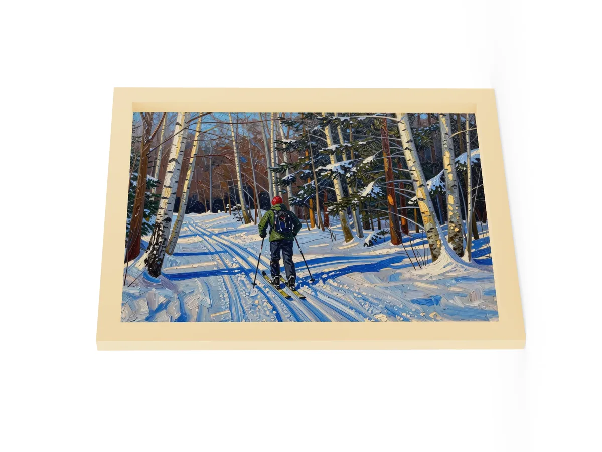 Cross-Country Skiing Through the Birches as a 12 by 16 inch framed print in a natural wood frame: a cross-country skier on a snowy trail through white birches on a bright winter morning, in bold oil-painting brushstrokes.