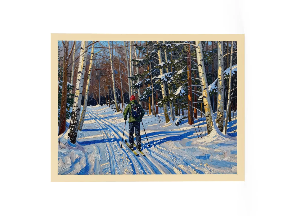 Cross-Country Skiing Through the Birches as an 18 by 24 inch framed print in a natural wood frame: a cross-country skier on a snowy trail through white birches on a bright winter morning, in bold oil-painting brushstrokes.