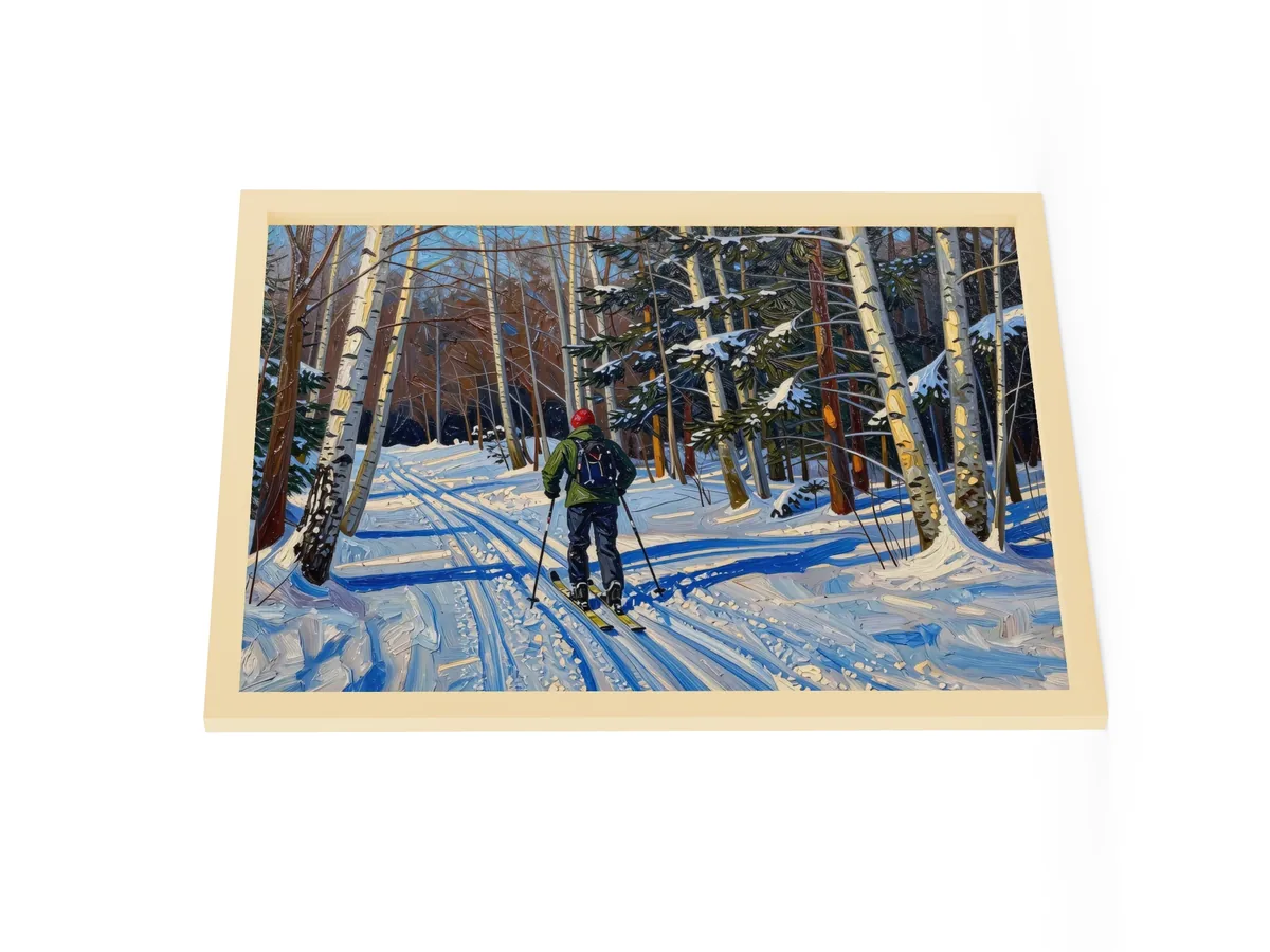 Cross-Country Skiing Through the Birches as an 18 by 24 inch framed print in a natural wood frame: a cross-country skier on a snowy trail through white birches on a bright winter morning, in bold oil-painting brushstrokes.