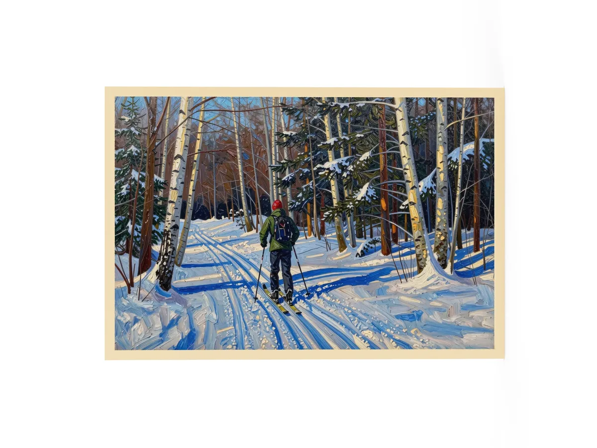 Cross-Country Skiing Through the Birches as a 24 by 36 inch framed print in a natural wood frame: a cross-country skier on a snowy trail through white birches on a bright winter morning, in bold oil-painting brushstrokes.