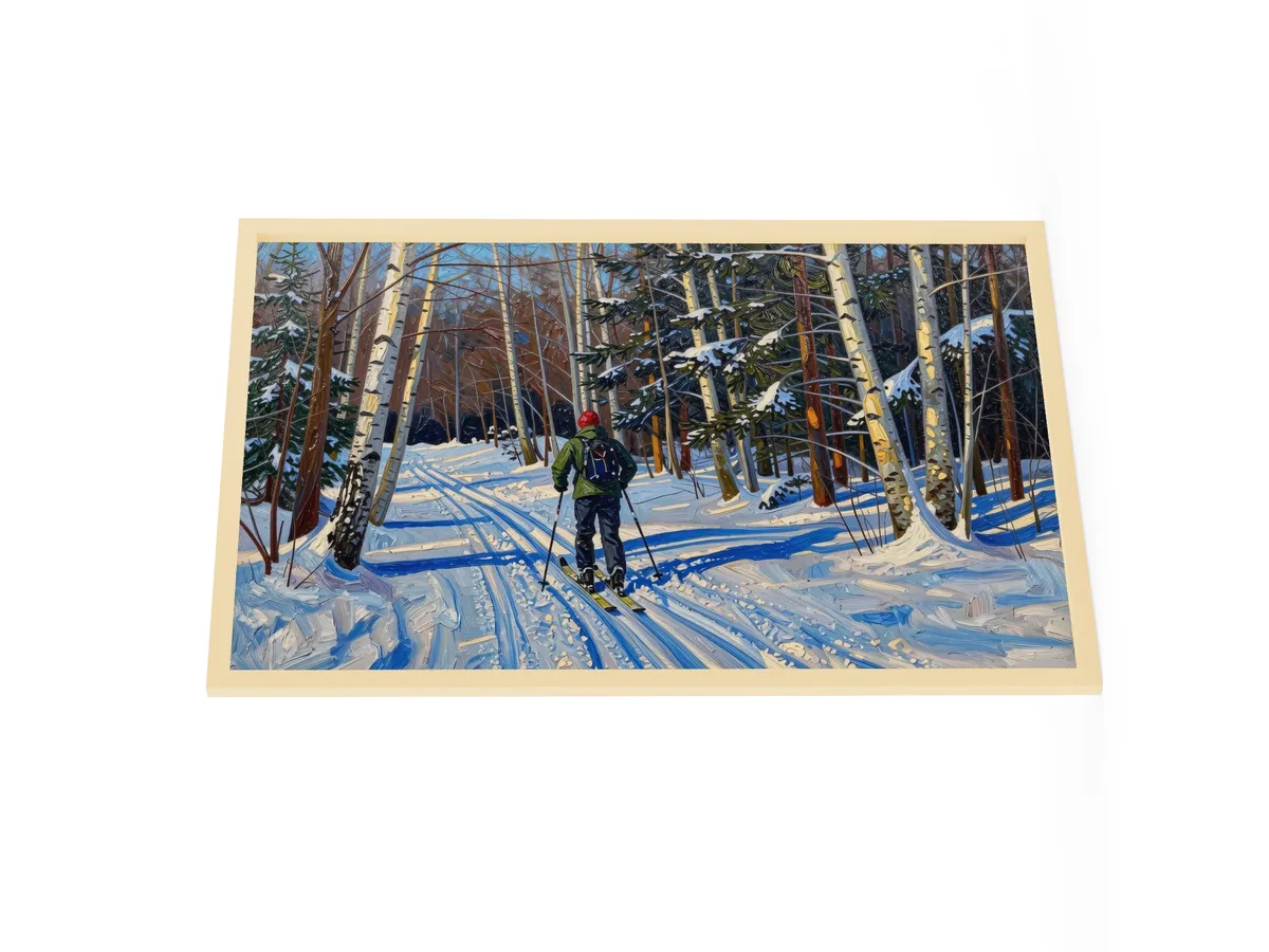 Cross-Country Skiing Through the Birches as a 24 by 36 inch framed print in a natural wood frame: a cross-country skier on a snowy trail through white birches on a bright winter morning, in bold oil-painting brushstrokes.