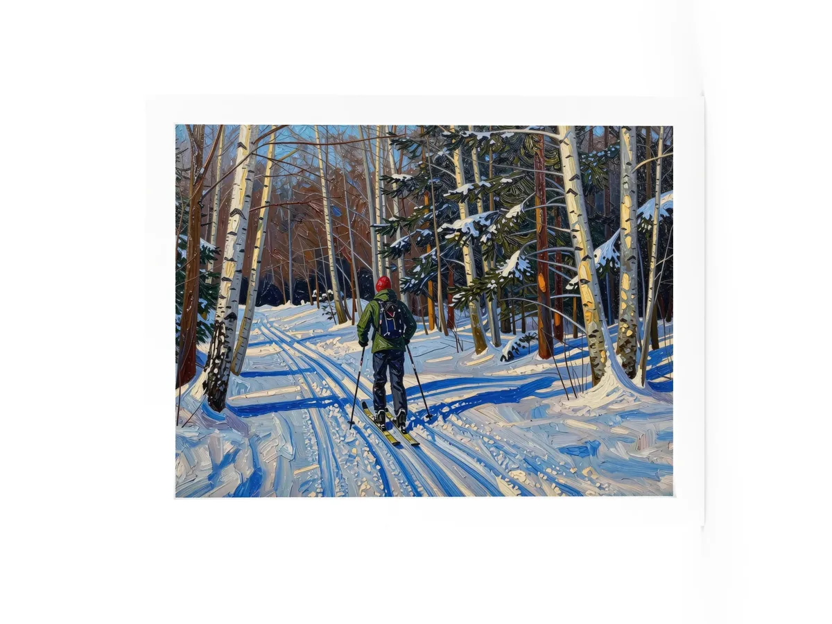 Cross-Country Skiing Through the Birches as a 12 by 16 inch framed print in a white frame: a cross-country skier on a snowy trail through white birches on a bright winter morning, in bold oil-painting brushstrokes.