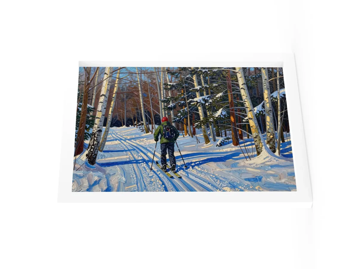 Cross-Country Skiing Through the Birches as a 12 by 16 inch framed print in a white frame: a cross-country skier on a snowy trail through white birches on a bright winter morning, in bold oil-painting brushstrokes.