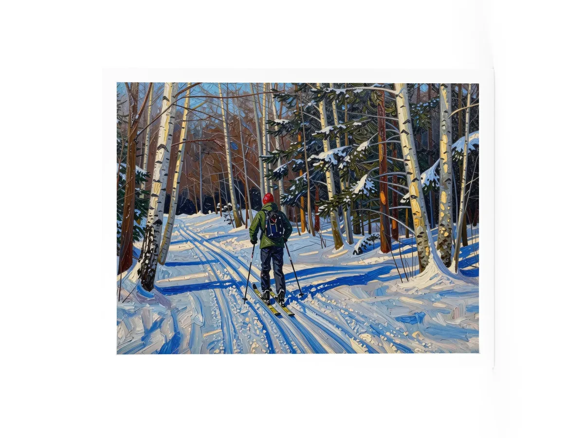 Cross-Country Skiing Through the Birches as an 18 by 24 inch framed print in a white frame: a cross-country skier on a snowy trail through white birches on a bright winter morning, in bold oil-painting brushstrokes.