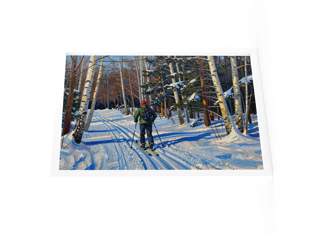 Cross-Country Skiing Through the Birches as an 18 by 24 inch framed print in a white frame: a cross-country skier on a snowy trail through white birches on a bright winter morning, in bold oil-painting brushstrokes.