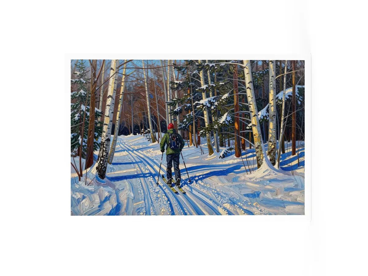 Cross-Country Skiing Through the Birches as a 24 by 36 inch framed print in a white frame: a cross-country skier on a snowy trail through white birches on a bright winter morning, in bold oil-painting brushstrokes.