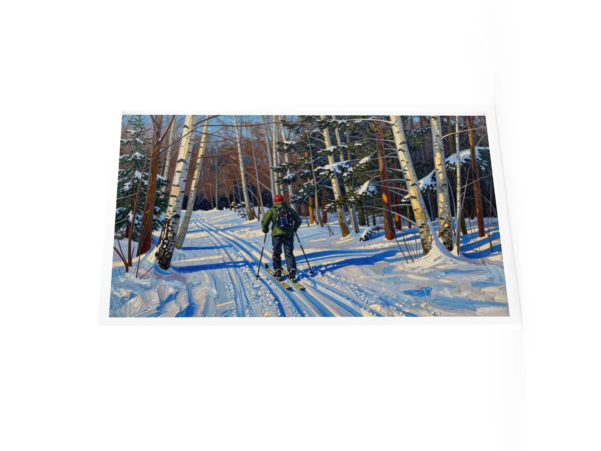 Cross-Country Skiing Through the Birches as a 24 by 36 inch framed print in a white frame: a cross-country skier on a snowy trail through white birches on a bright winter morning, in bold oil-painting brushstrokes.