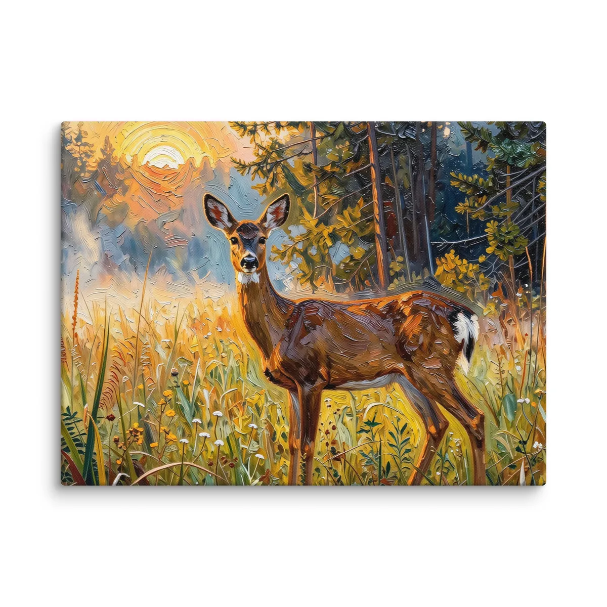 Deer in the Morning Mist as a 12 by 16 inch canvas: a whitetail doe standing alert in a meadow at sunrise with the sun burning through the mist behind her, in bold oil-painting brushstrokes.