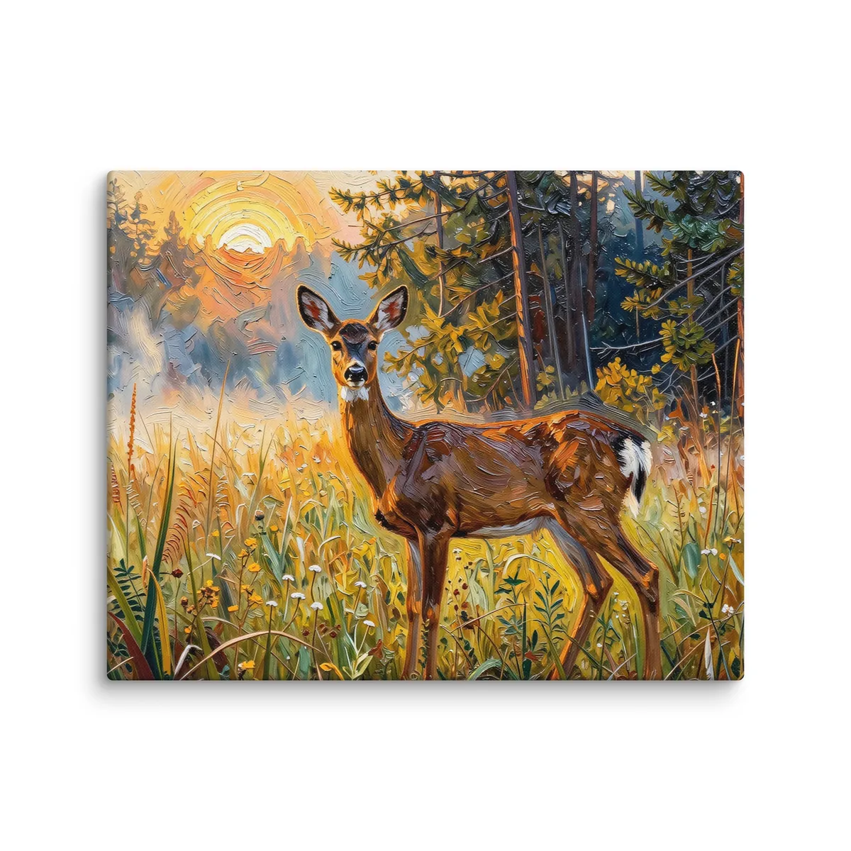 Deer in the Morning Mist as a 16 by 20 inch canvas: a whitetail doe standing alert in a meadow at sunrise with the sun burning through the mist behind her, in bold oil-painting brushstrokes.