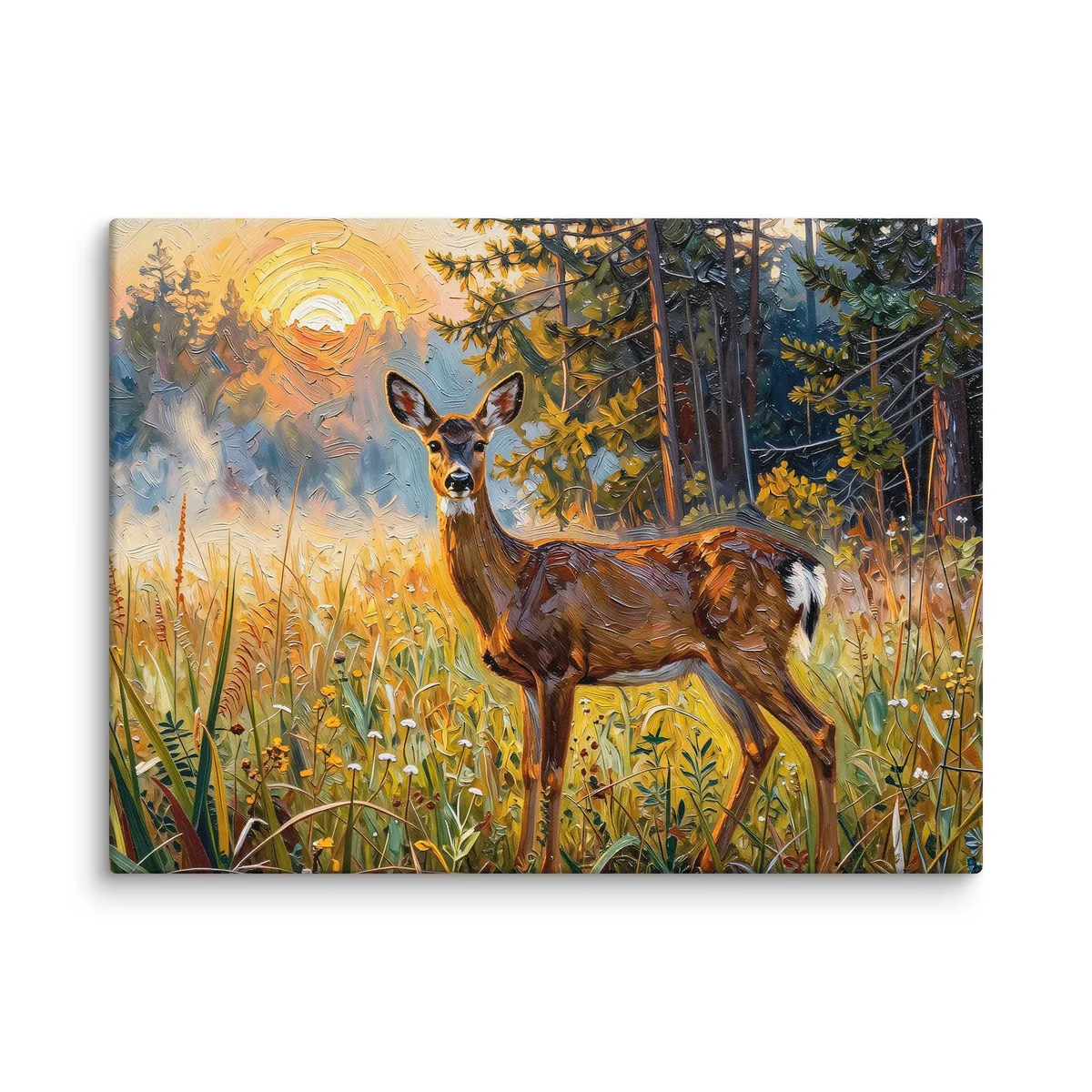Deer in the Morning Mist as an 18 by 24 inch canvas: a whitetail doe standing alert in a meadow at sunrise with the sun burning through the mist behind her, in bold oil-painting brushstrokes.