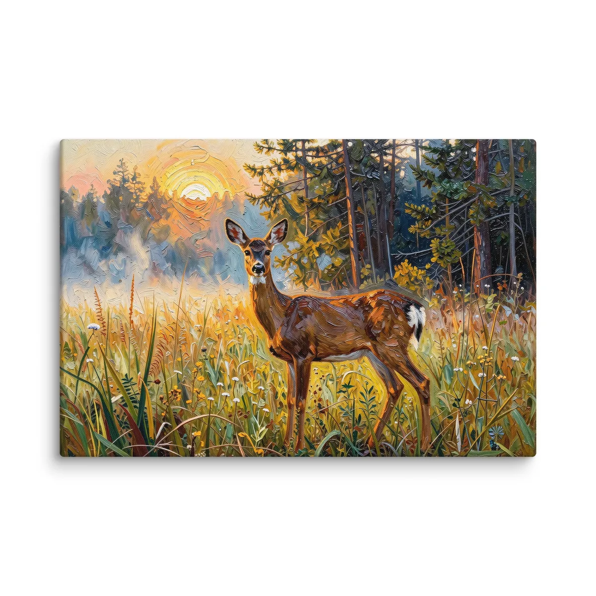 Deer in the Morning Mist as a 24 by 36 inch canvas: a whitetail doe standing alert in a meadow at sunrise with the sun burning through the mist behind her, in bold oil-painting brushstrokes.
