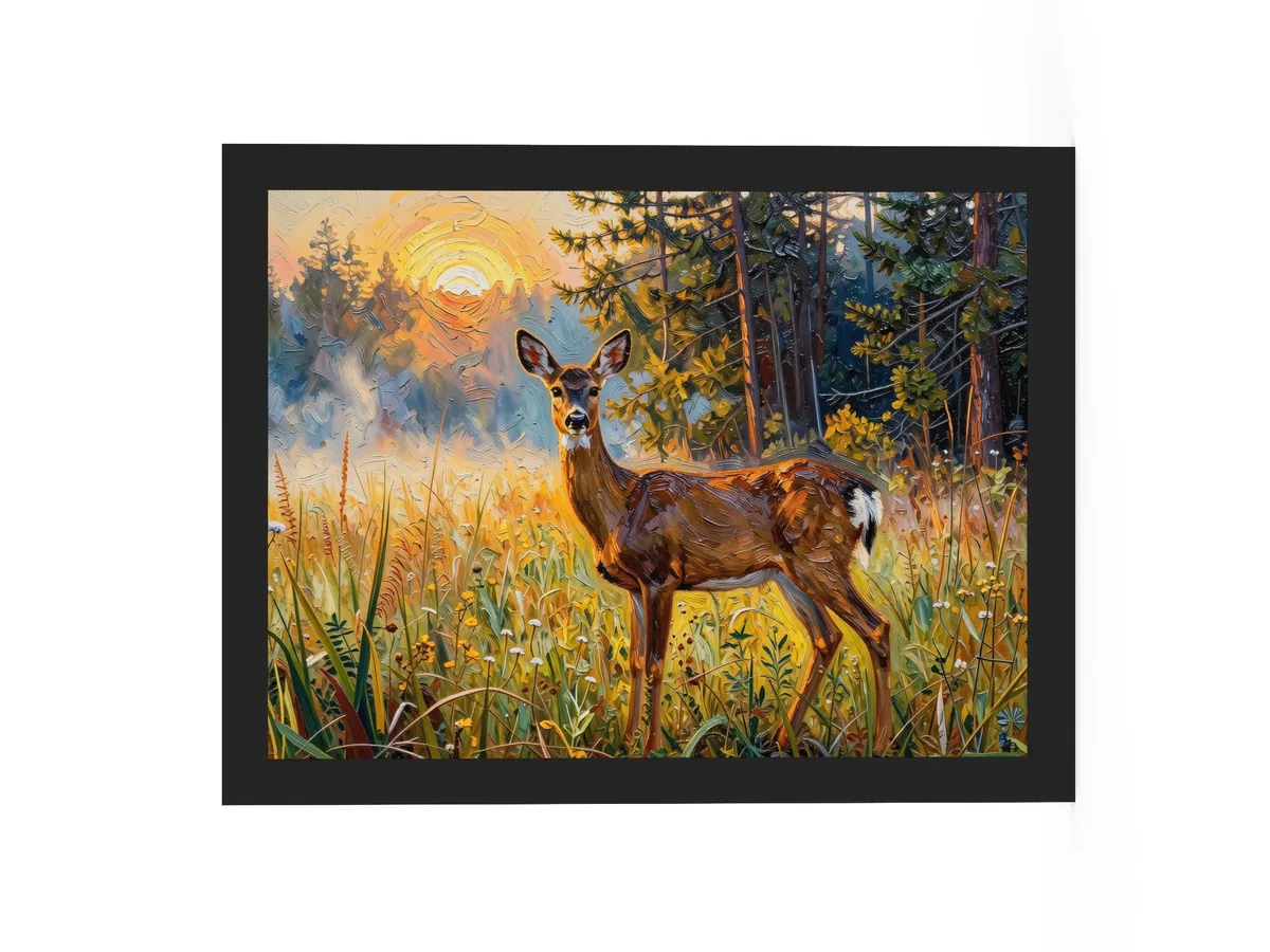 Deer in the Morning Mist as a 12 by 16 inch framed print in a black frame: a whitetail doe standing alert in a meadow at sunrise with the sun burning through the mist behind her, in bold oil-painting brushstrokes.