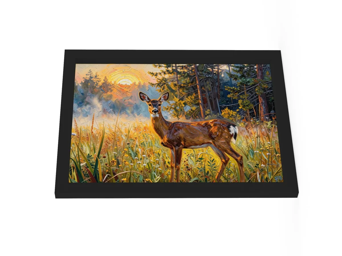 Deer in the Morning Mist as a 12 by 16 inch framed print in a black frame: a whitetail doe standing alert in a meadow at sunrise with the sun burning through the mist behind her, in bold oil-painting brushstrokes.