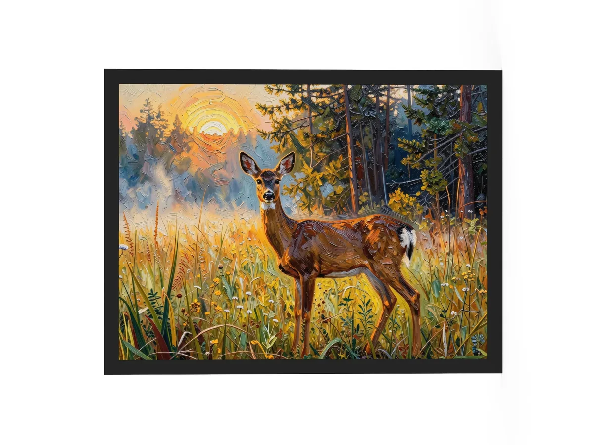 Deer in the Morning Mist as an 18 by 24 inch framed print in a black frame: a whitetail doe standing alert in a meadow at sunrise with the sun burning through the mist behind her, in bold oil-painting brushstrokes.