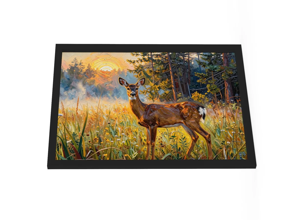 Deer in the Morning Mist as an 18 by 24 inch framed print in a black frame: a whitetail doe standing alert in a meadow at sunrise with the sun burning through the mist behind her, in bold oil-painting brushstrokes.