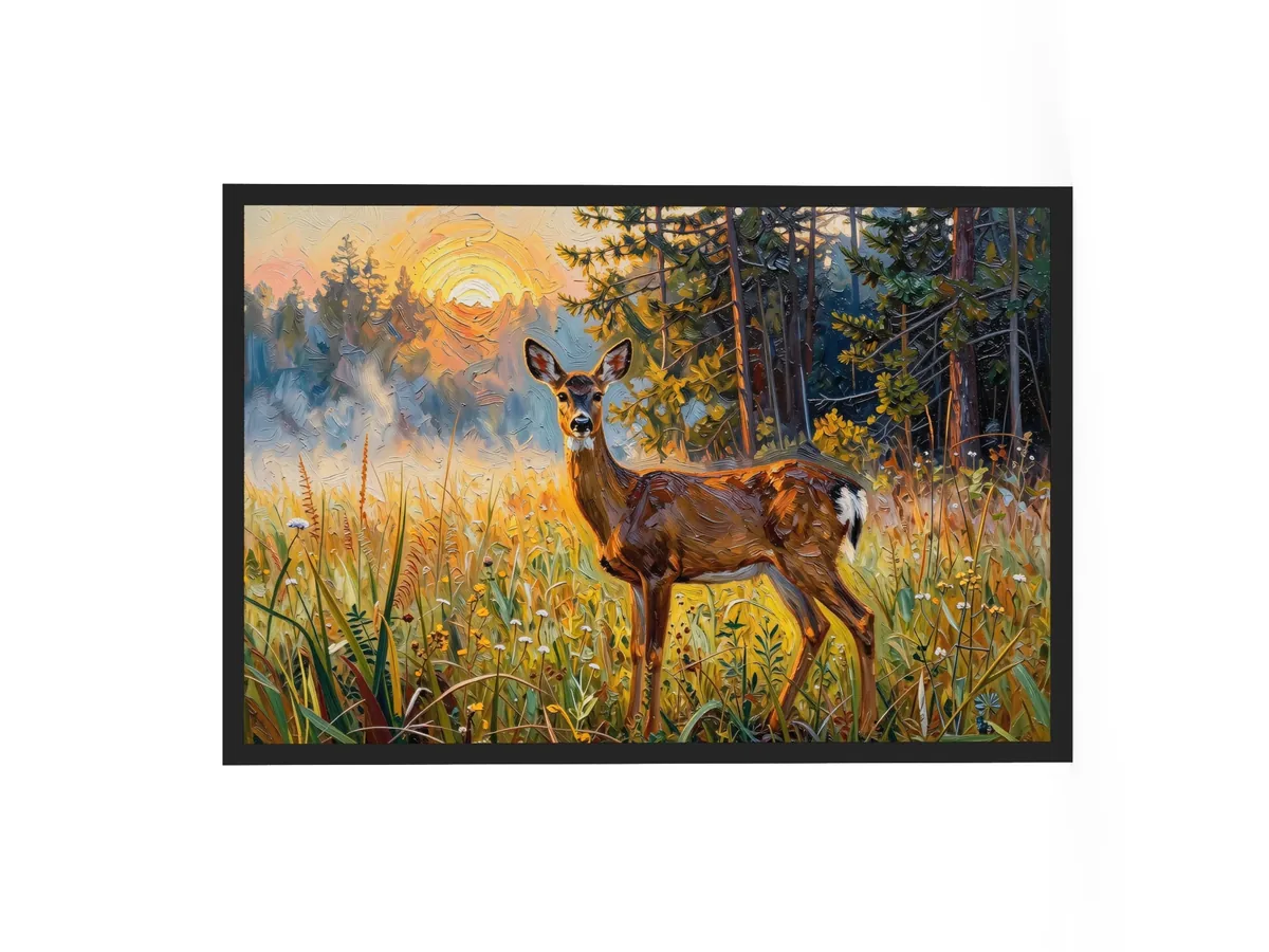 Deer in the Morning Mist as a 24 by 36 inch framed print in a black frame: a whitetail doe standing alert in a meadow at sunrise with the sun burning through the mist behind her, in bold oil-painting brushstrokes.