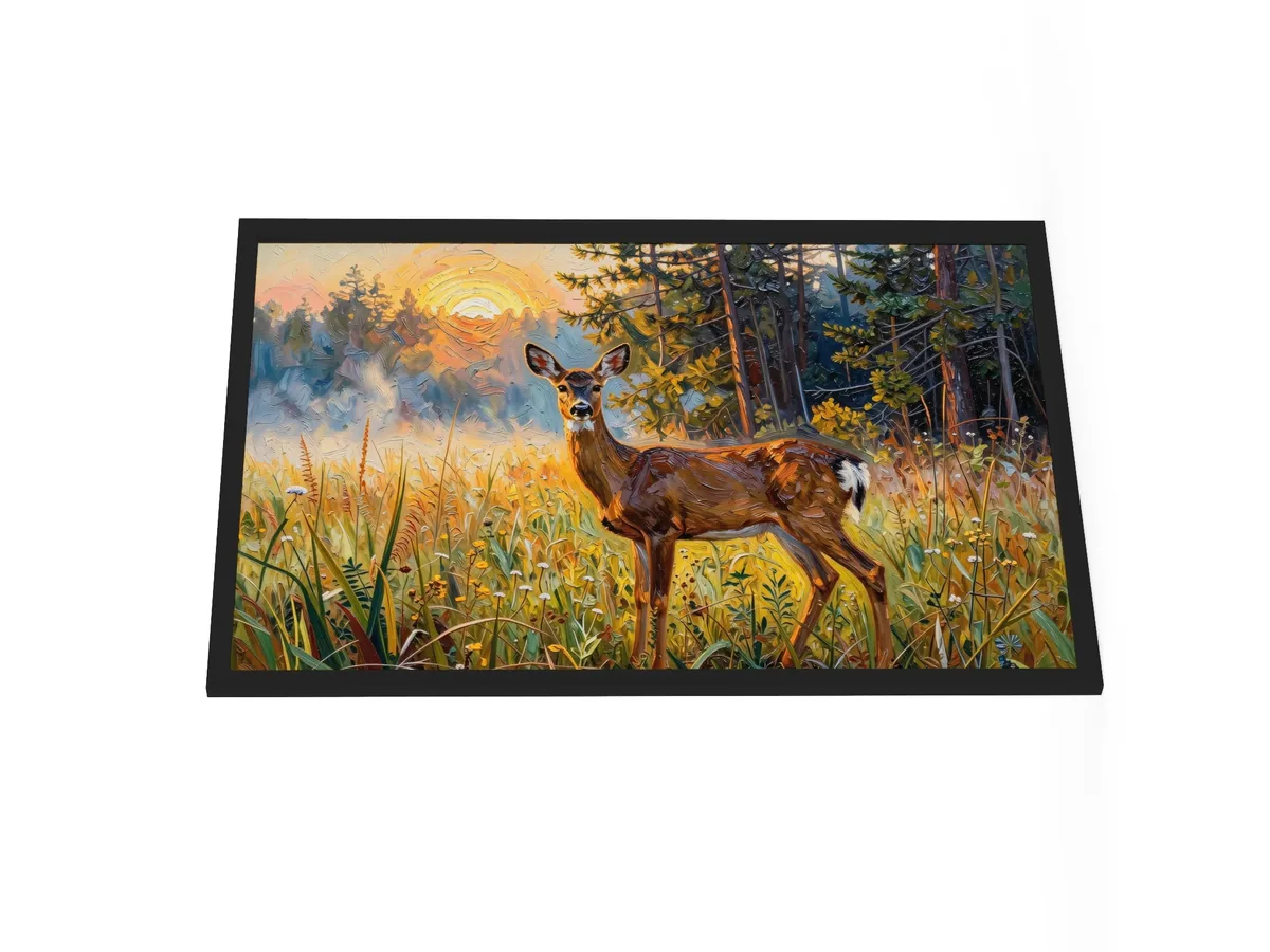 Deer in the Morning Mist as a 24 by 36 inch framed print in a black frame: a whitetail doe standing alert in a meadow at sunrise with the sun burning through the mist behind her, in bold oil-painting brushstrokes.