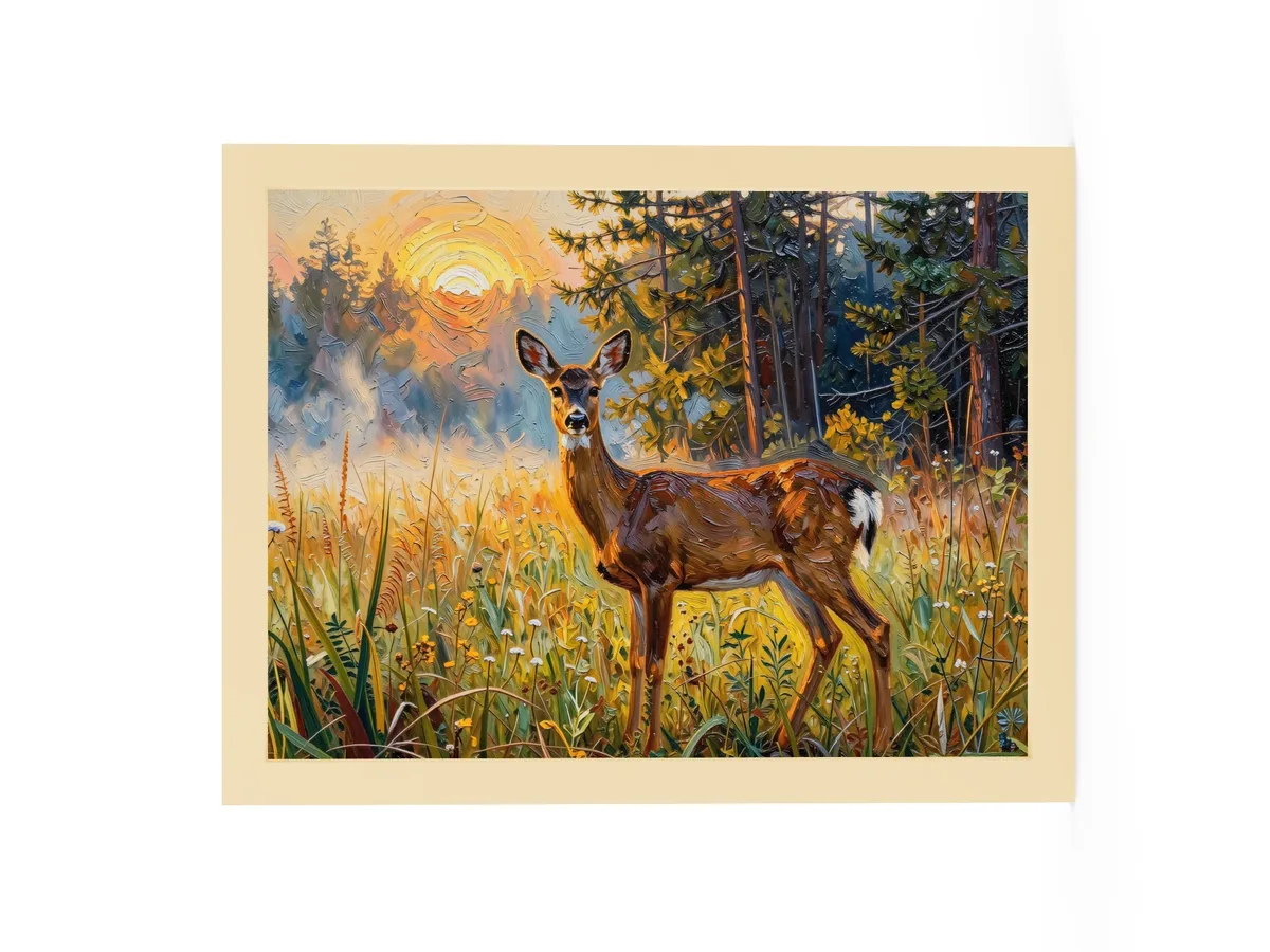 Deer in the Morning Mist as a 12 by 16 inch framed print in a natural wood frame: a whitetail doe standing alert in a meadow at sunrise with the sun burning through the mist behind her, in bold oil-painting brushstrokes.