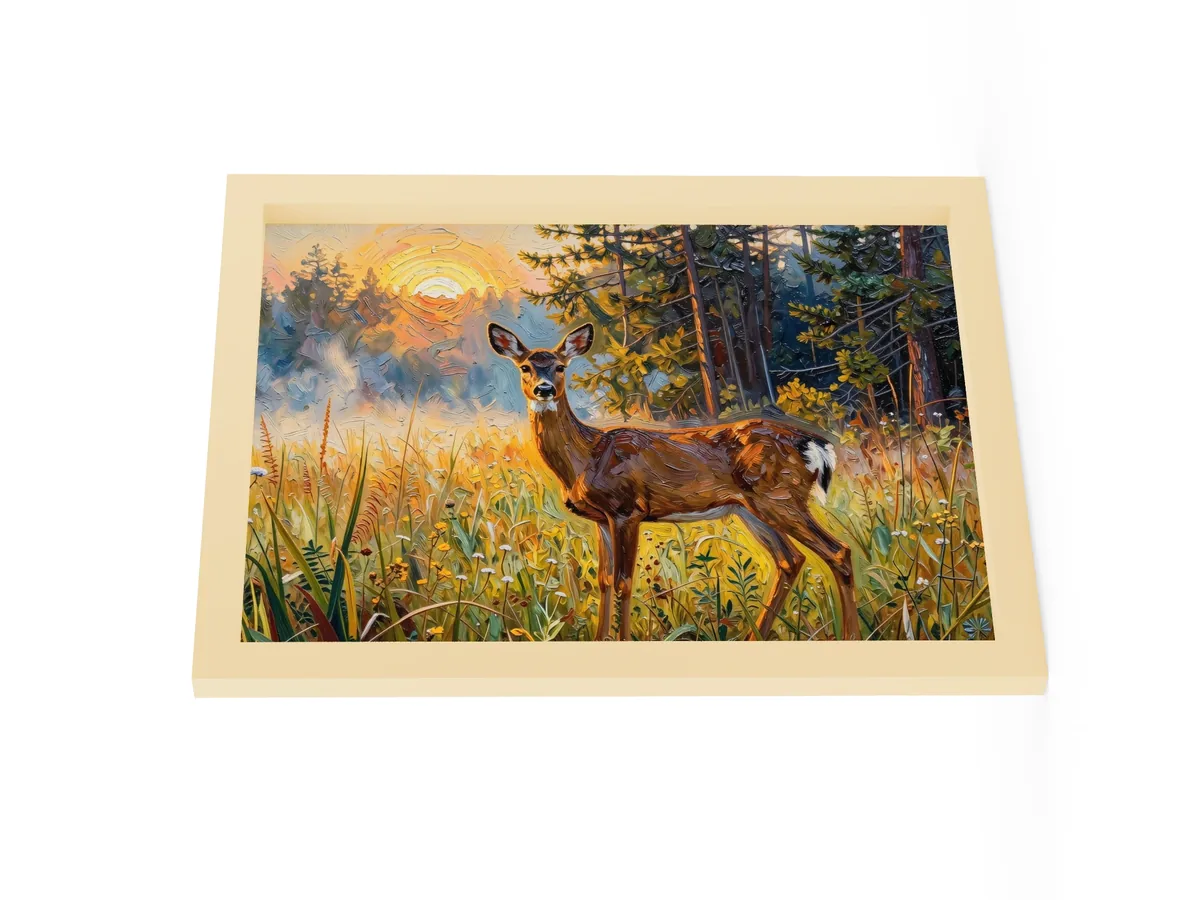 Deer in the Morning Mist as a 12 by 16 inch framed print in a natural wood frame: a whitetail doe standing alert in a meadow at sunrise with the sun burning through the mist behind her, in bold oil-painting brushstrokes.